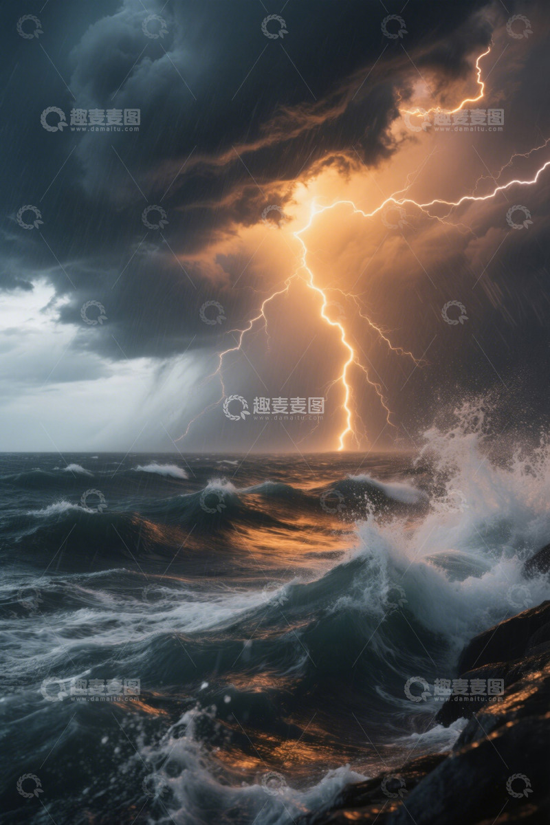 高清大图下载【趣麦麦图】海上闪电风暴景象