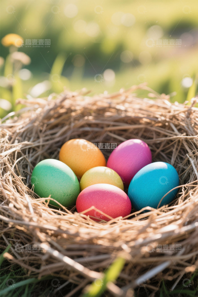 高清大图下载【趣麦麦图】草地上鸟巢中的彩色复活节鸡蛋