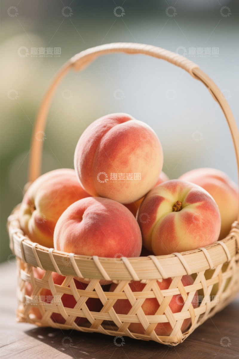 高清大图下载【趣麦麦图】竹篮中新鲜水蜜桃