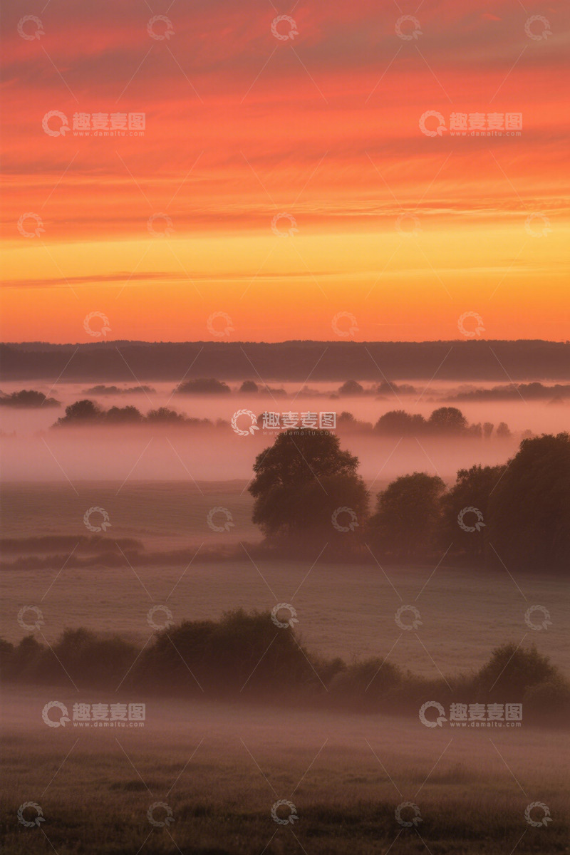 高清大图下载【趣麦麦图】日出时分田野晨雾景色