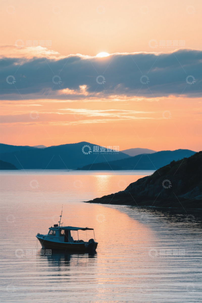 高清大图下载【趣麦麦图】海上渔船日落景色