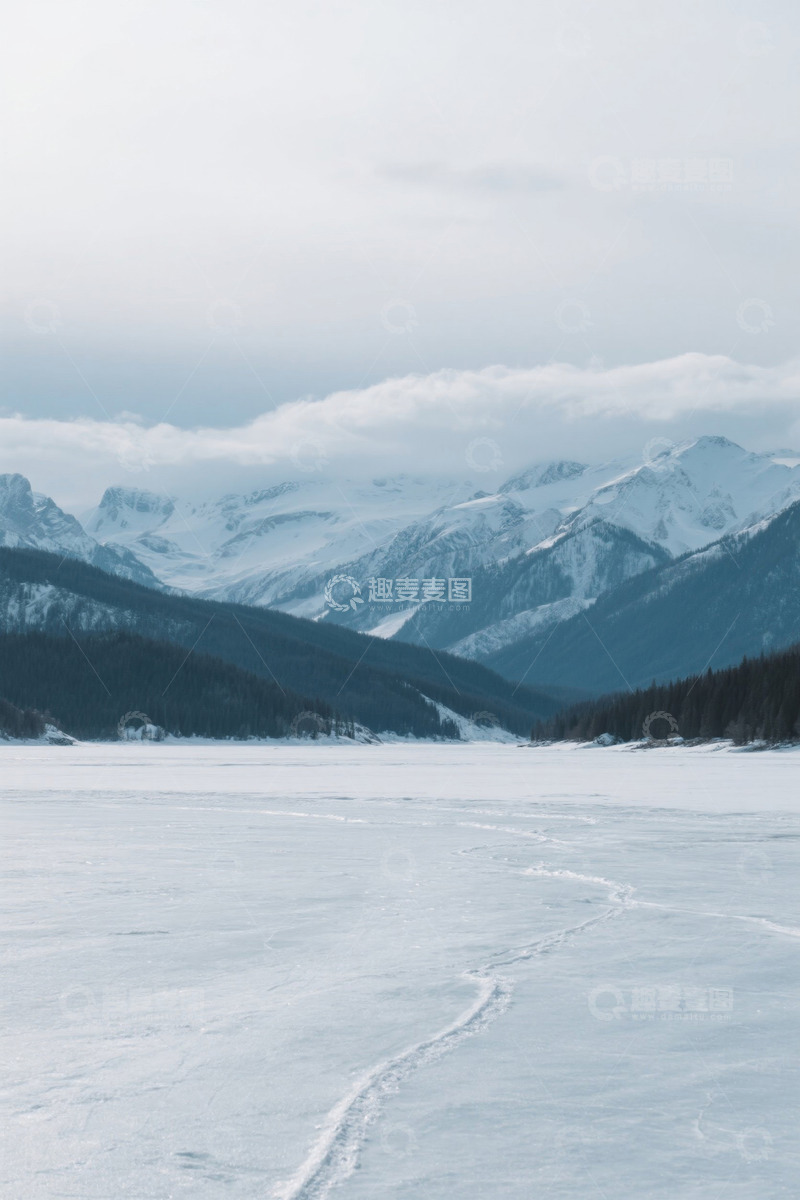 高清大图下载【趣麦麦图】雪山下的雪地与森林景观
