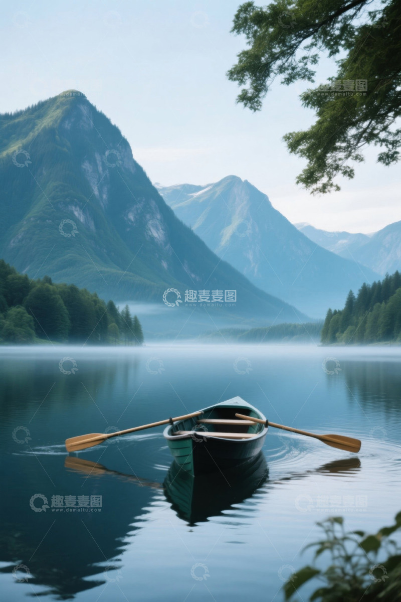 高清大图下载【趣麦麦图】湖景中停泊的独木舟