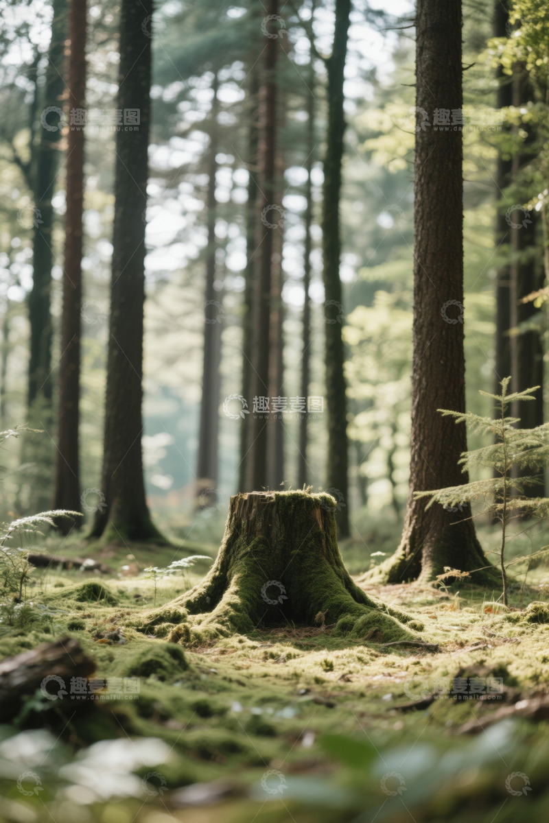 高清大图下载【趣麦麦图】森林中带苔藓的树桩自然景象