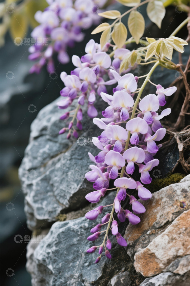 高清大图下载【趣麦麦图】岩石上绽放的紫色藤蔓花朵