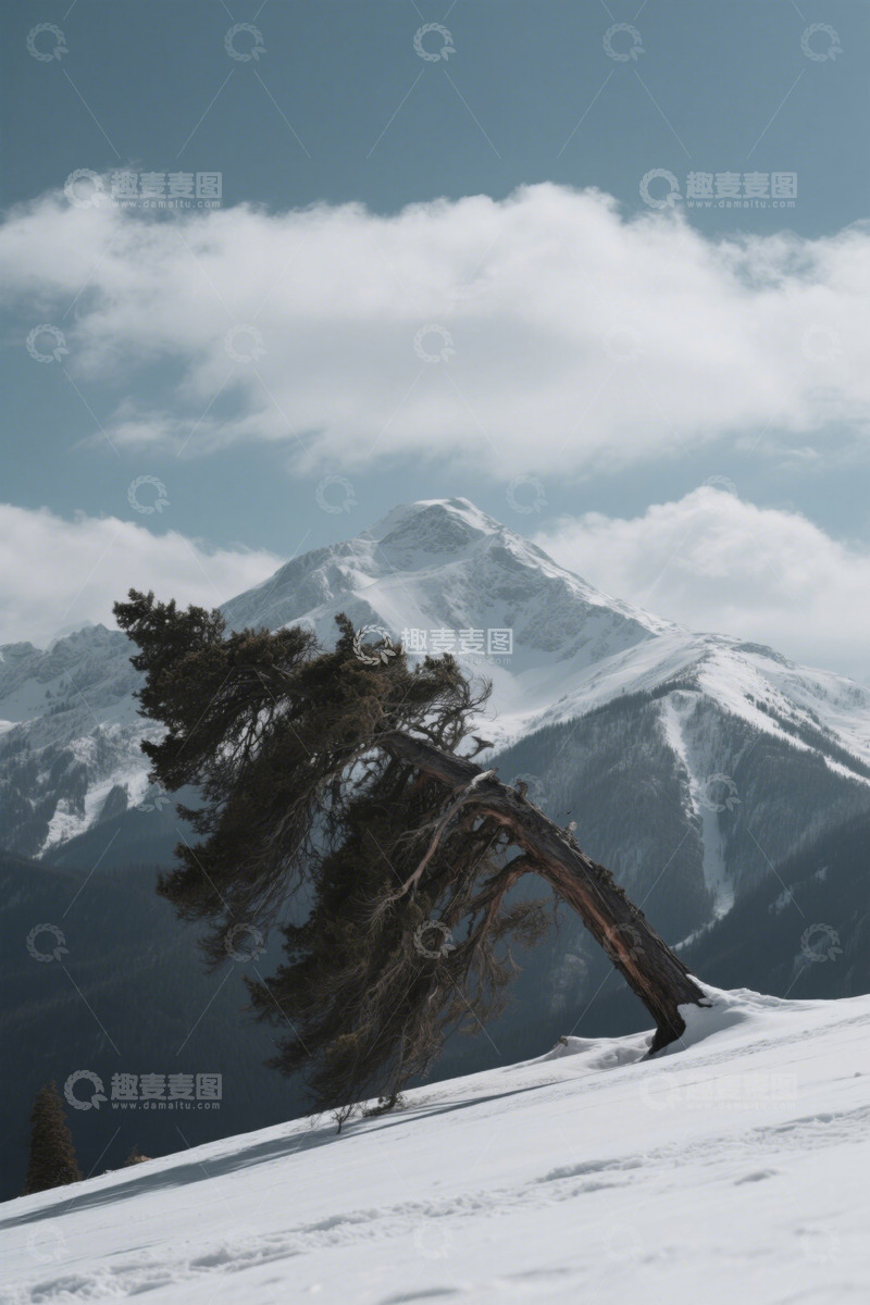 高清大图下载【趣麦麦图】雪山下倾斜的孤树风景