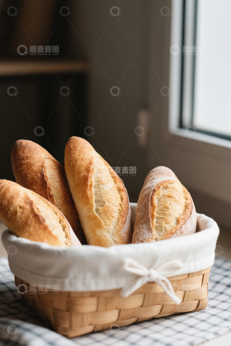 高清大图下载【趣麦麦图】篮子里摆放的新鲜法棍面包