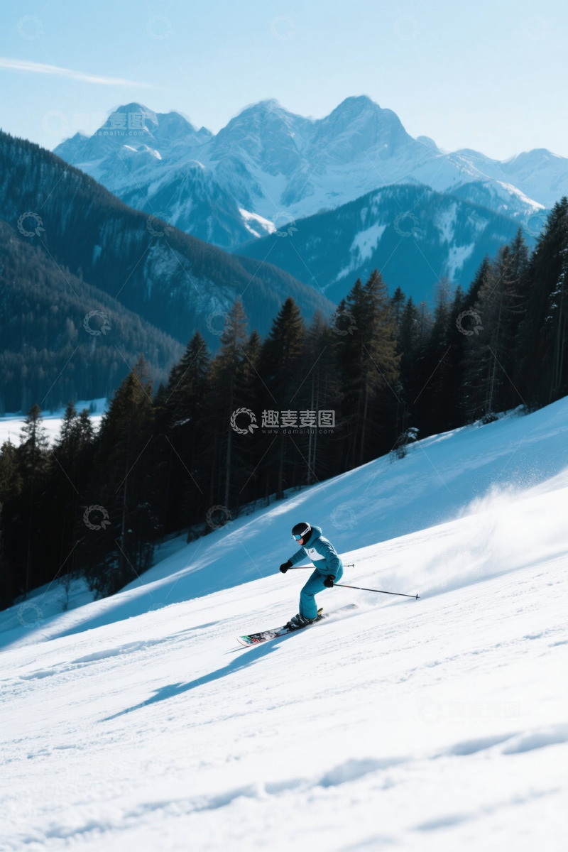 高清大图下载【趣麦麦图】滑雪者在雪山林间滑雪场景