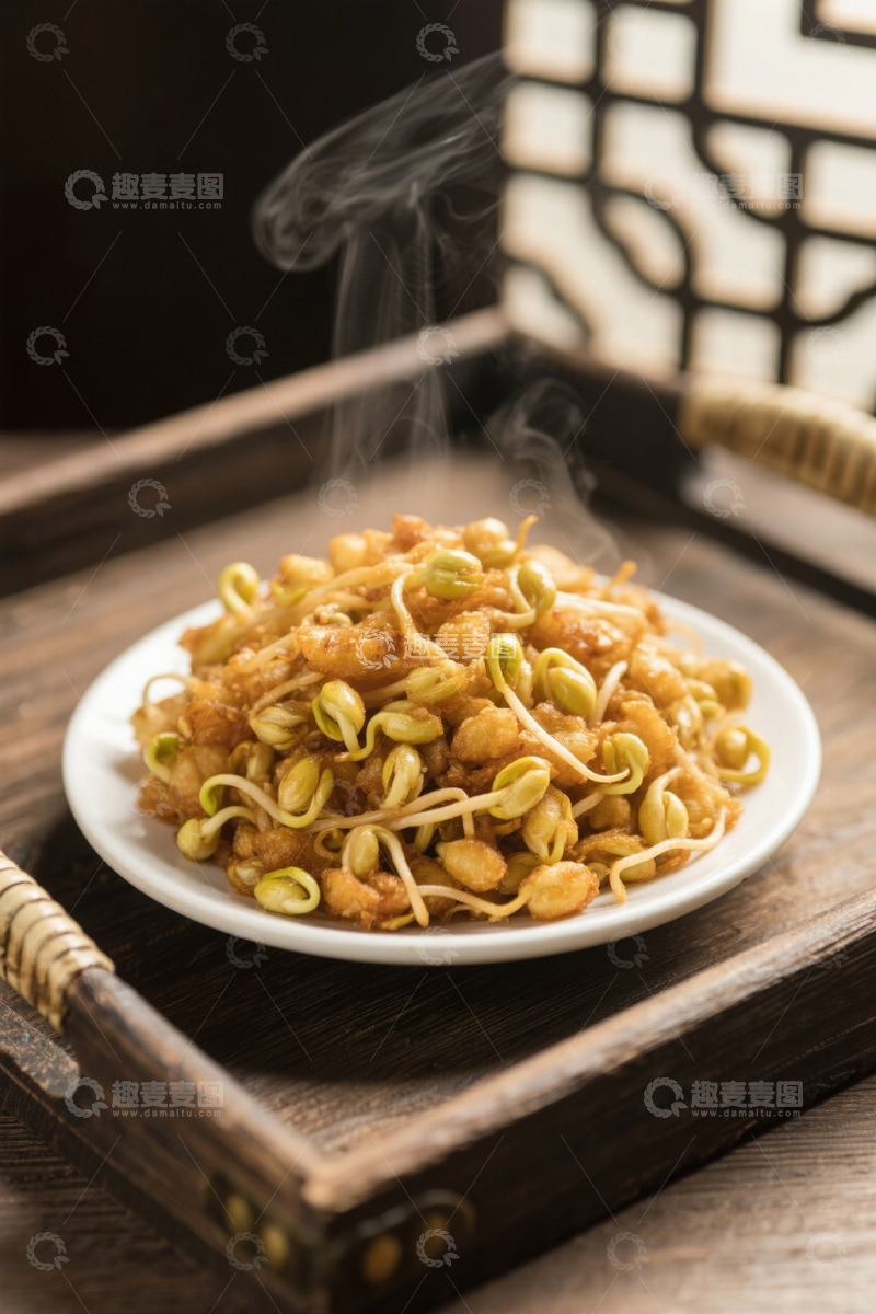 高清大图下载【趣麦麦图】木托盘上热气腾腾的豆芽菜肴