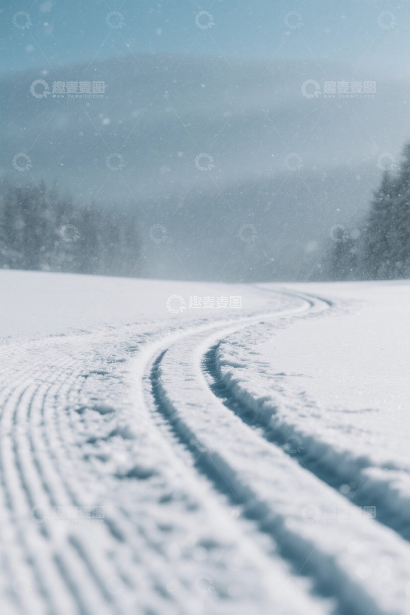 高清大图下载【趣麦麦图】雪地上蜿蜒的车辙痕迹