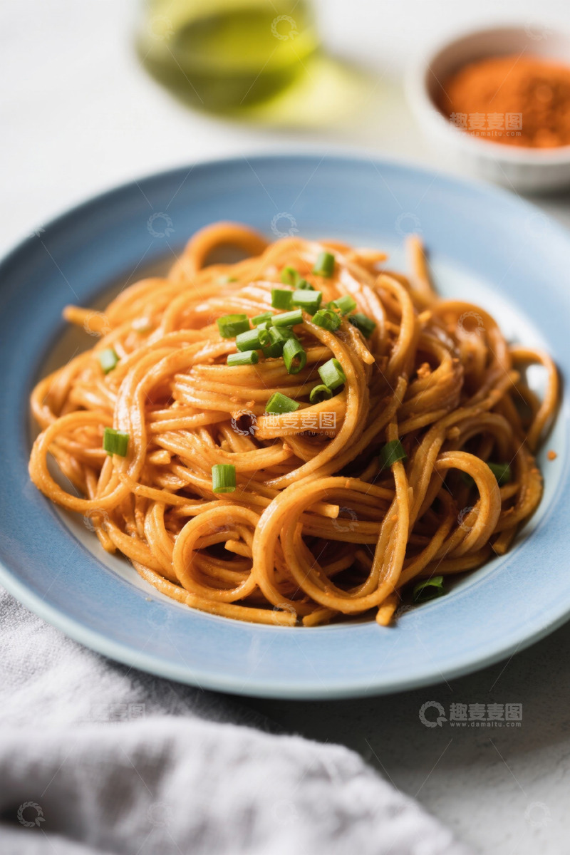 高清大图下载【趣麦麦图】蓝色盘中意大利面配葱花