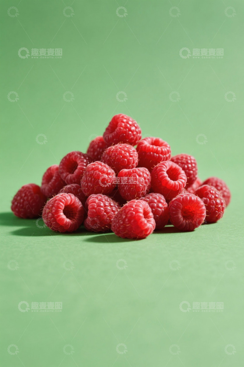 高清大图下载【趣麦麦图】绿色背景上的一堆新鲜覆盆子