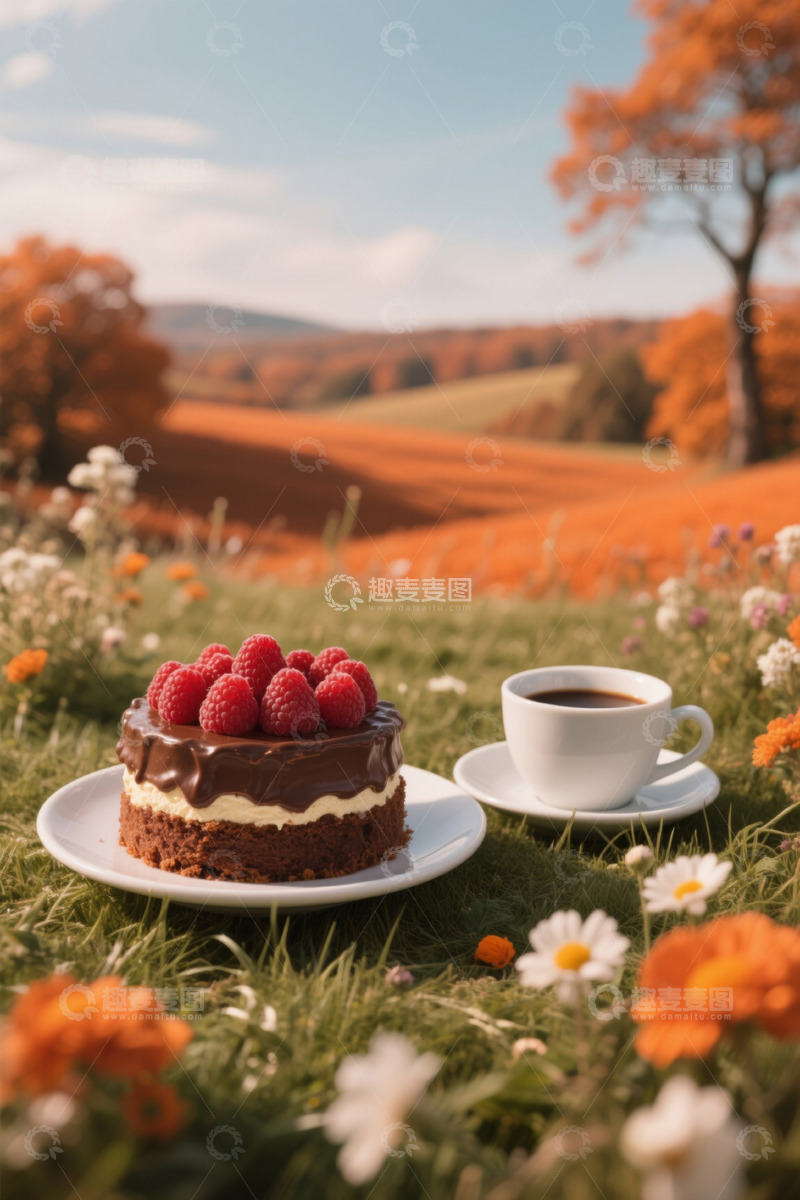 高清大图下载【趣麦麦图】户外草地上的蛋糕与咖啡