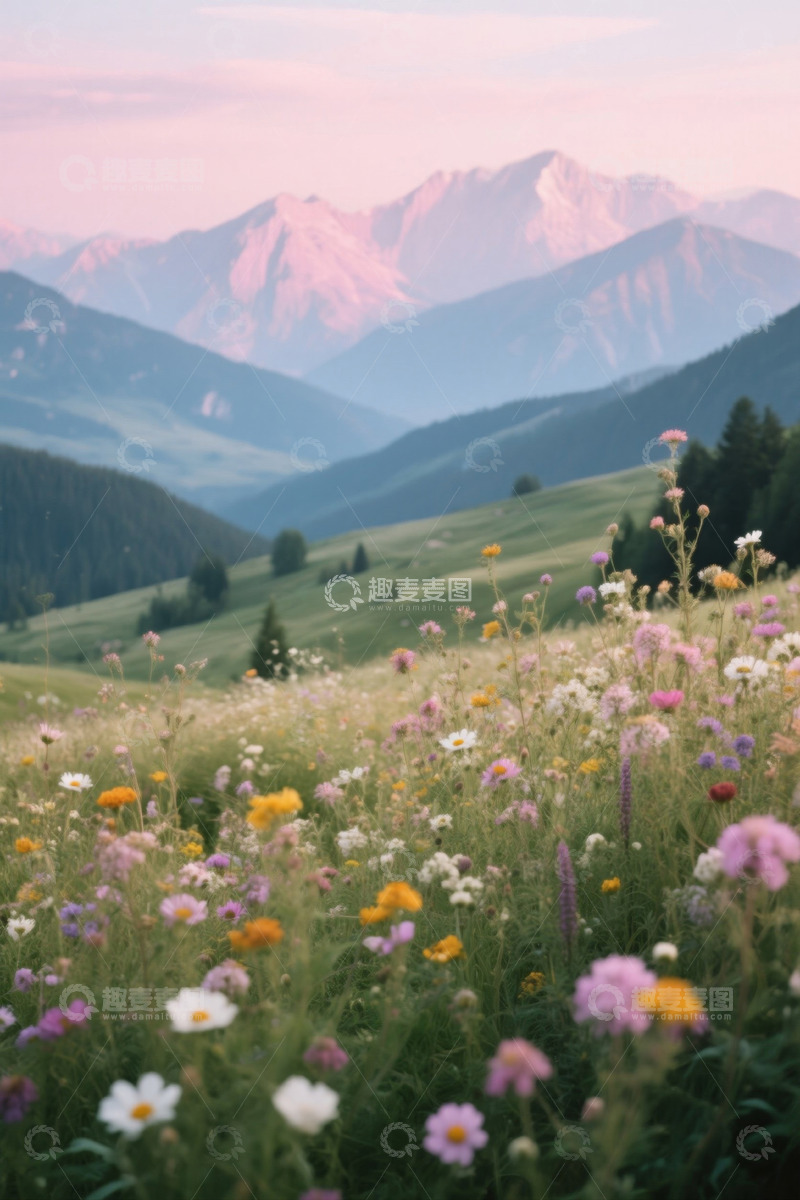 高清大图下载【趣麦麦图】山间花海与远处山峦景色
