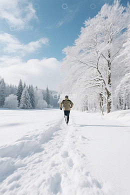 男子雪地林间奔跑