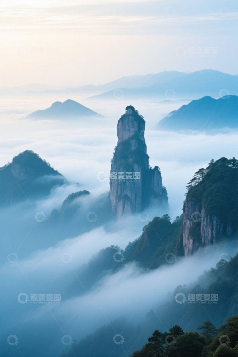 高清大图下载【趣麦麦图】群山云海中的孤峰景致