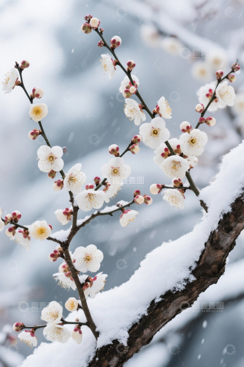 高清大图下载【趣麦麦图】雪中绽放的白色梅花特写