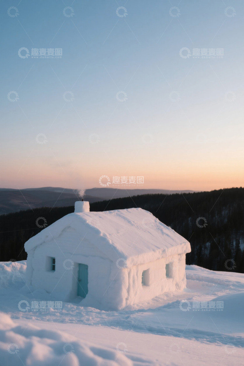 高清大图下载【趣麦麦图】雪地中的小屋与远山森林景观