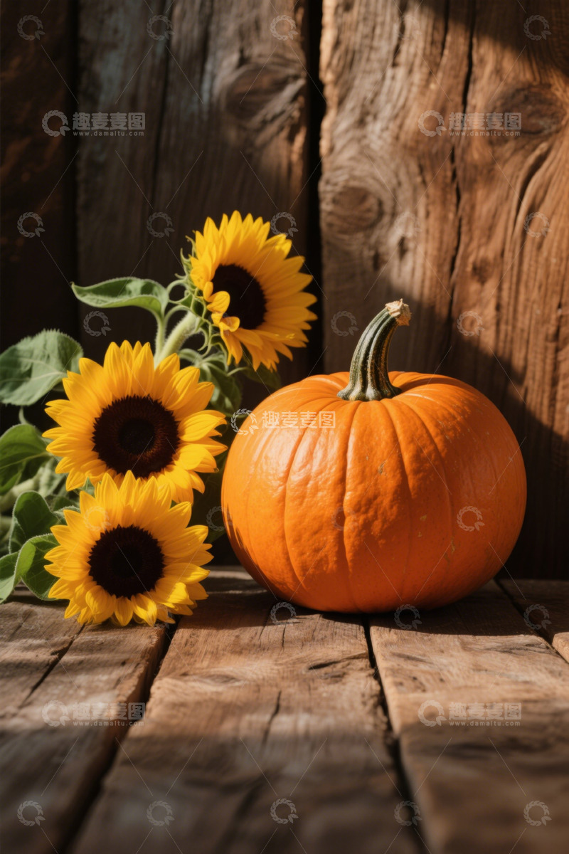 高清大图下载【趣麦麦图】木质背景上的南瓜与向日葵