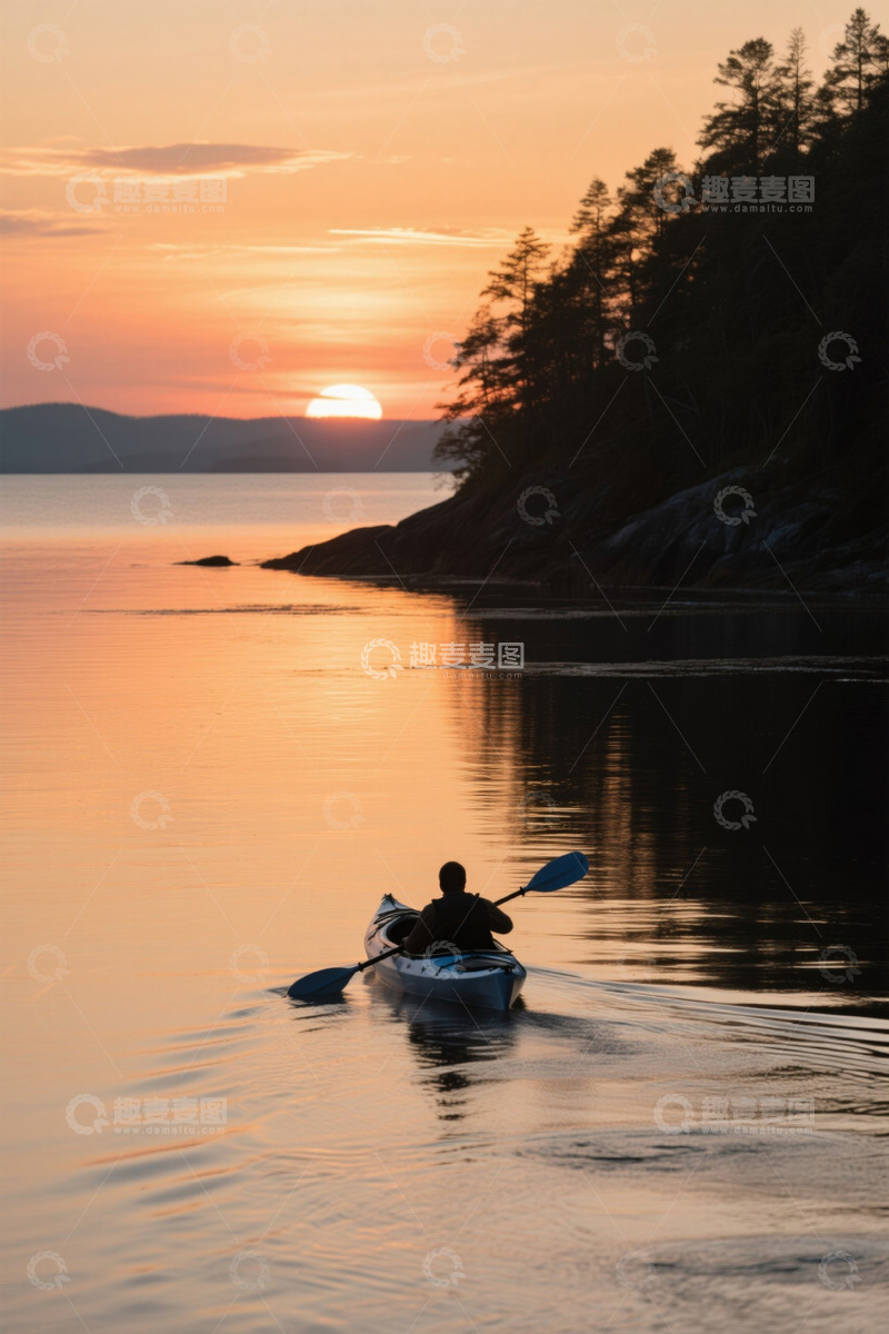 高清大图下载【趣麦麦图】日落时分单人划皮划艇