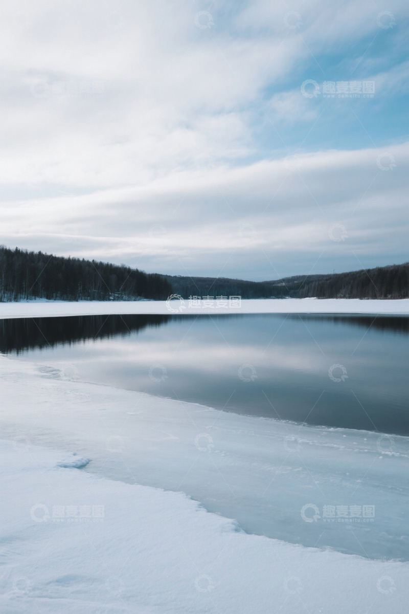 高清大图下载【趣麦麦图】冬日雪覆湖泊与森林景观