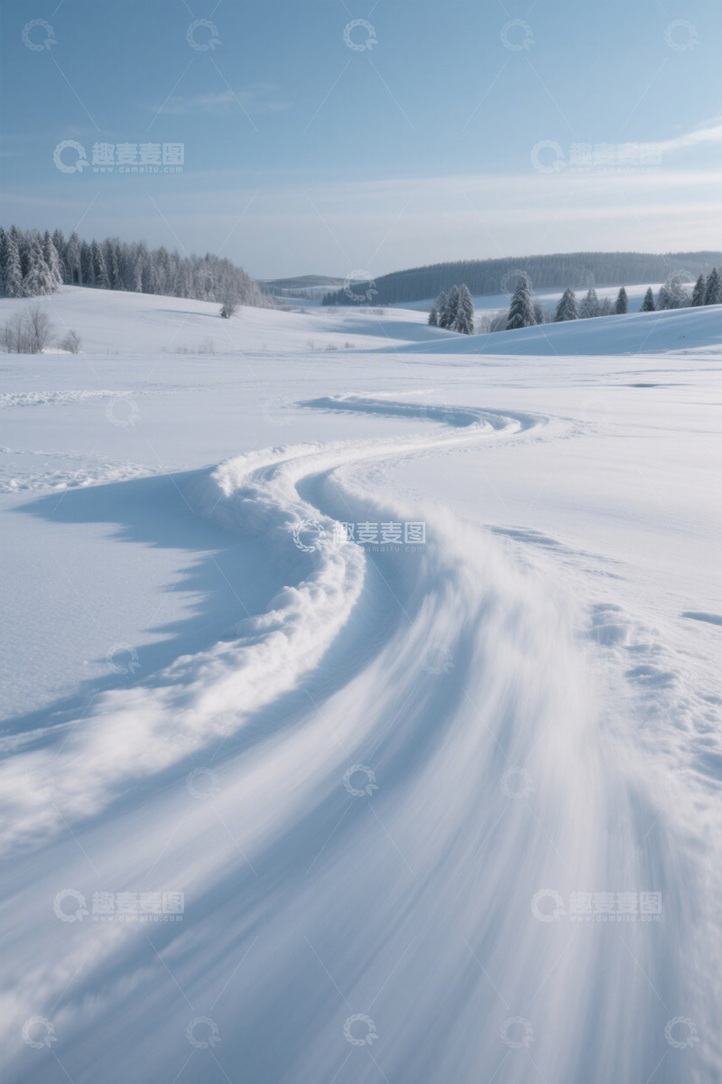高清大图下载【趣麦麦图】雪地车辙与远处森林景观