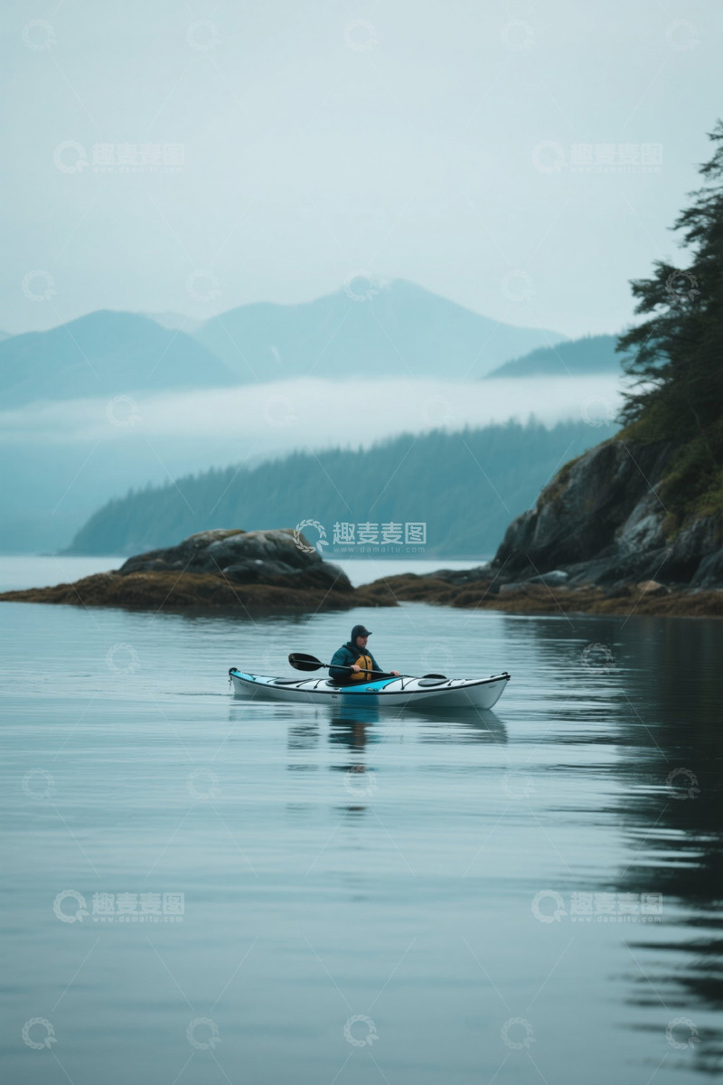 高清大图下载【趣麦麦图】单人皮划艇于山水间休闲运动