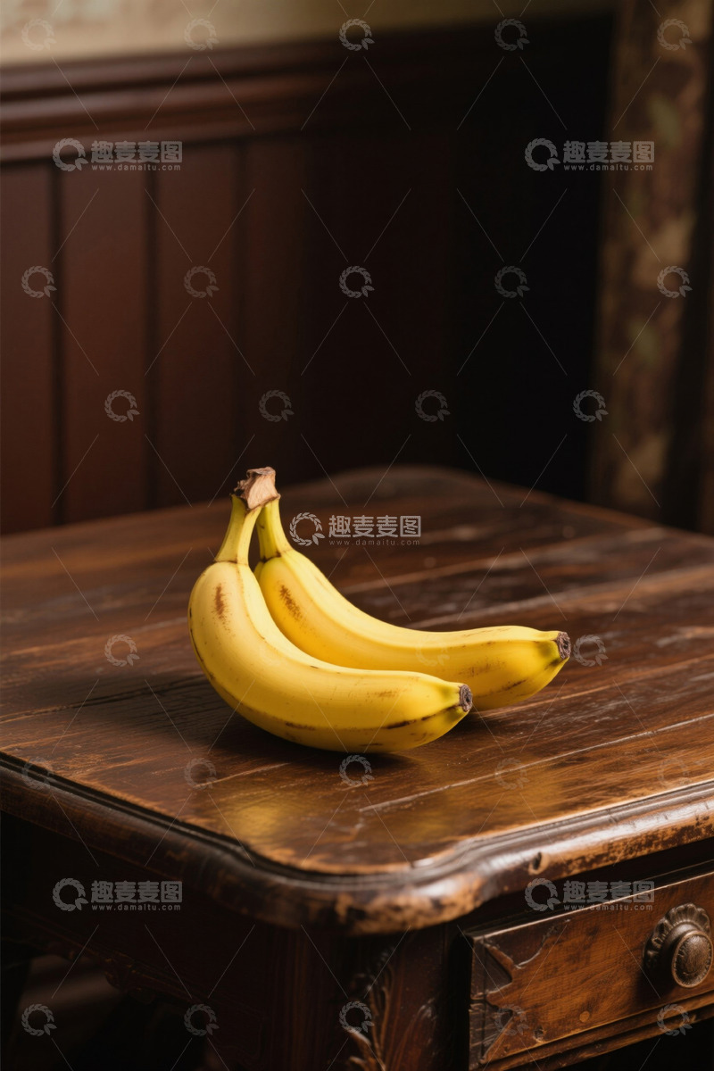 高清大图下载【趣麦麦图】木桌上摆放的三根黄色香蕉