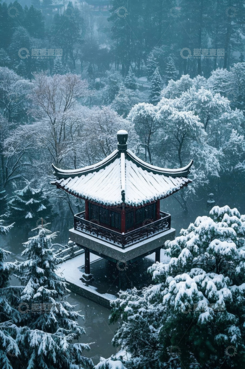 高清大图下载【趣麦麦图】雪中中式古亭与树林景观