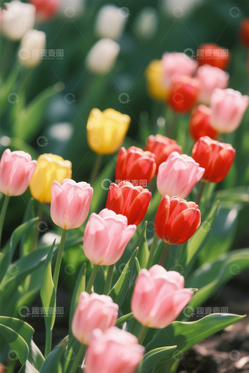 高清大图下载【趣麦麦图】多彩郁金香花丛特写