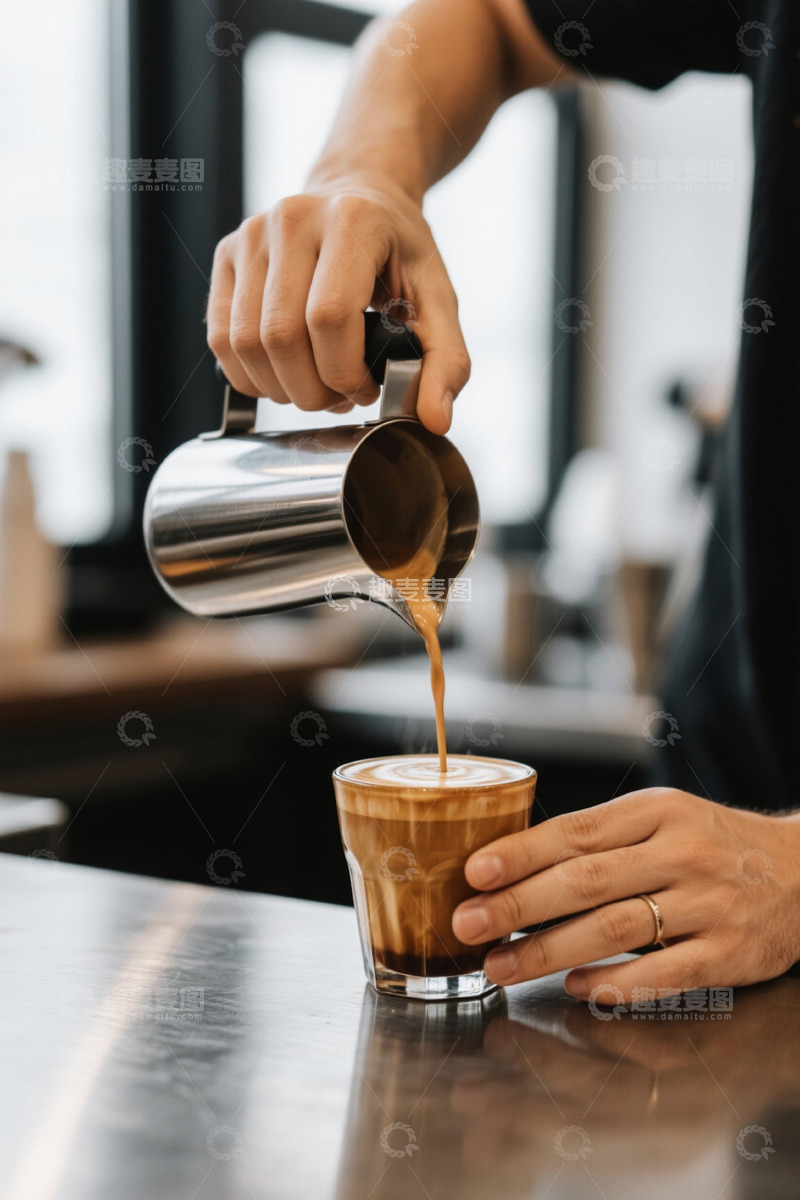 高清大图下载【趣麦麦图】咖啡师在吧台制作拉花咖啡