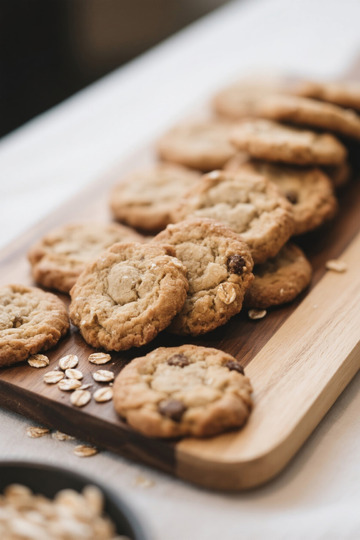 木制托盘上的美味燕麦巧克力饼干