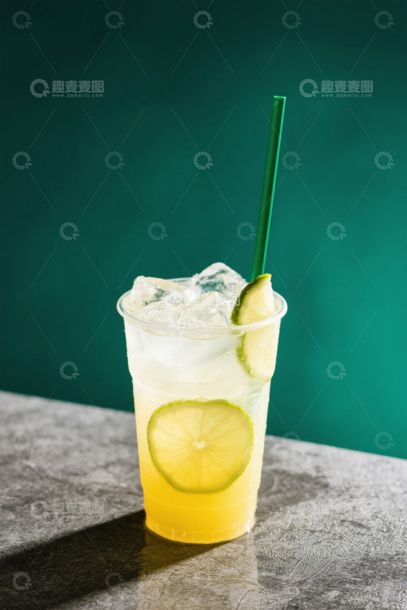 高清大图下载【趣麦麦图】透明杯装柠檬冰饮配绿色吸管