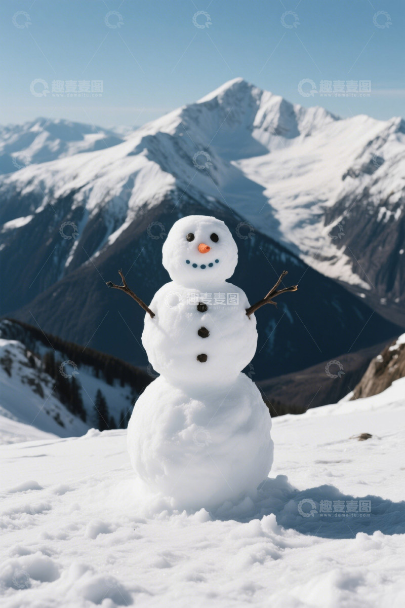 高清大图下载【趣麦麦图】雪山前的雪人景观