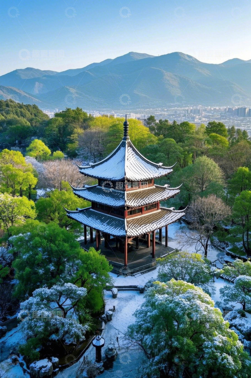 高清大图下载【趣麦麦图】中式古亭雪景自然风光