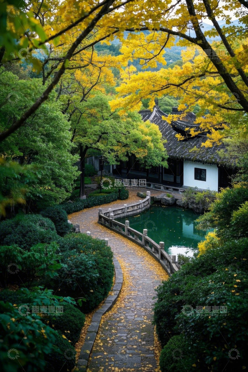 高清大图下载【趣麦麦图】中式园林秋景庭院小道