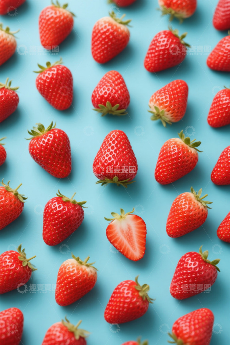 高清大图下载【趣麦麦图】蓝色背景上排列的新鲜草莓