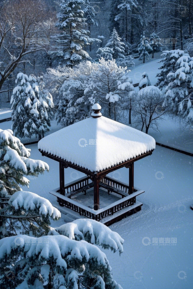 高清大图下载【趣麦麦图】雪后树林中的古朴凉亭
