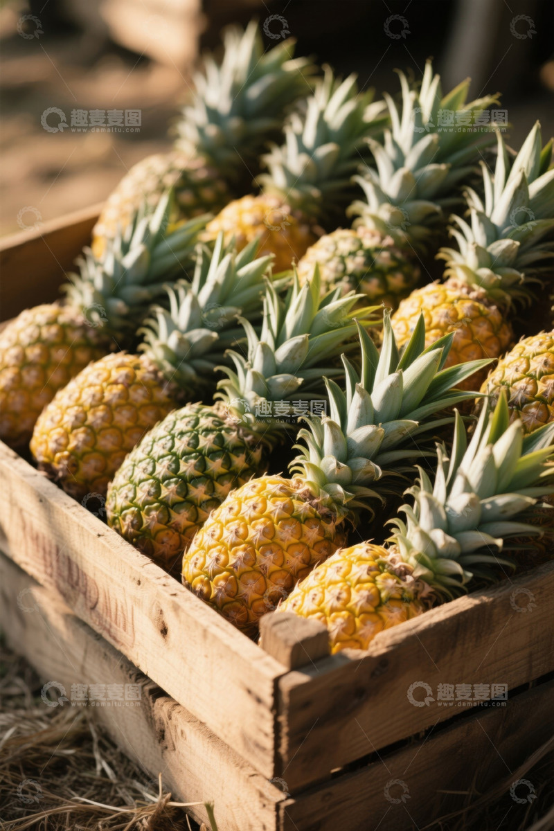 高清大图下载【趣麦麦图】木箱中摆放的新鲜菠萝