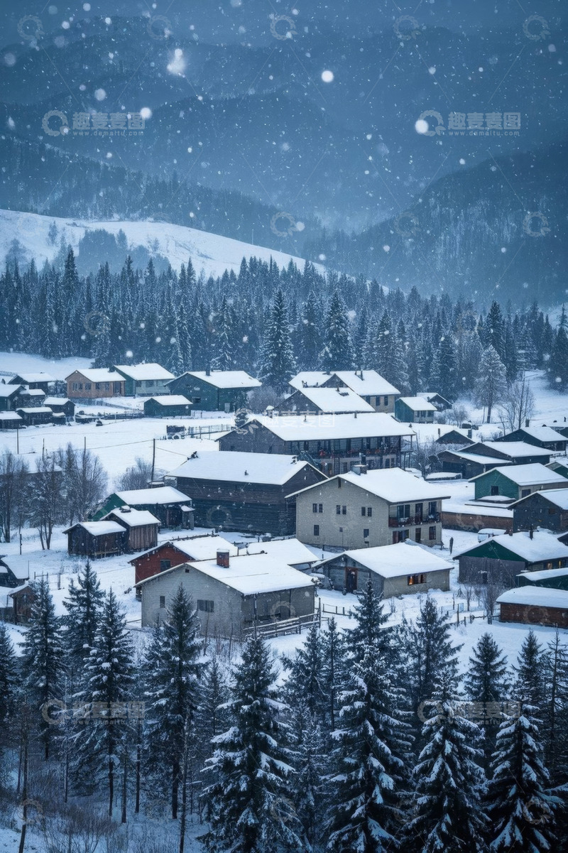 高清大图下载【趣麦麦图】雪中森林环绕的村庄