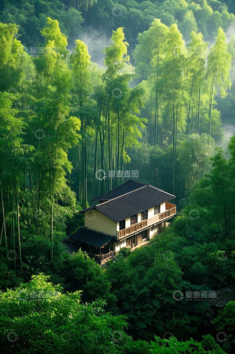 高清大图下载【趣麦麦图】竹林中的中式房屋景致