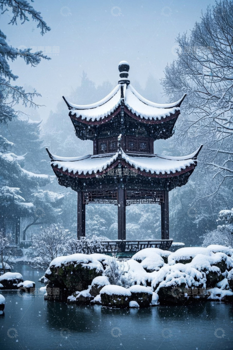 高清大图下载【趣麦麦图】雪中中式古亭风景