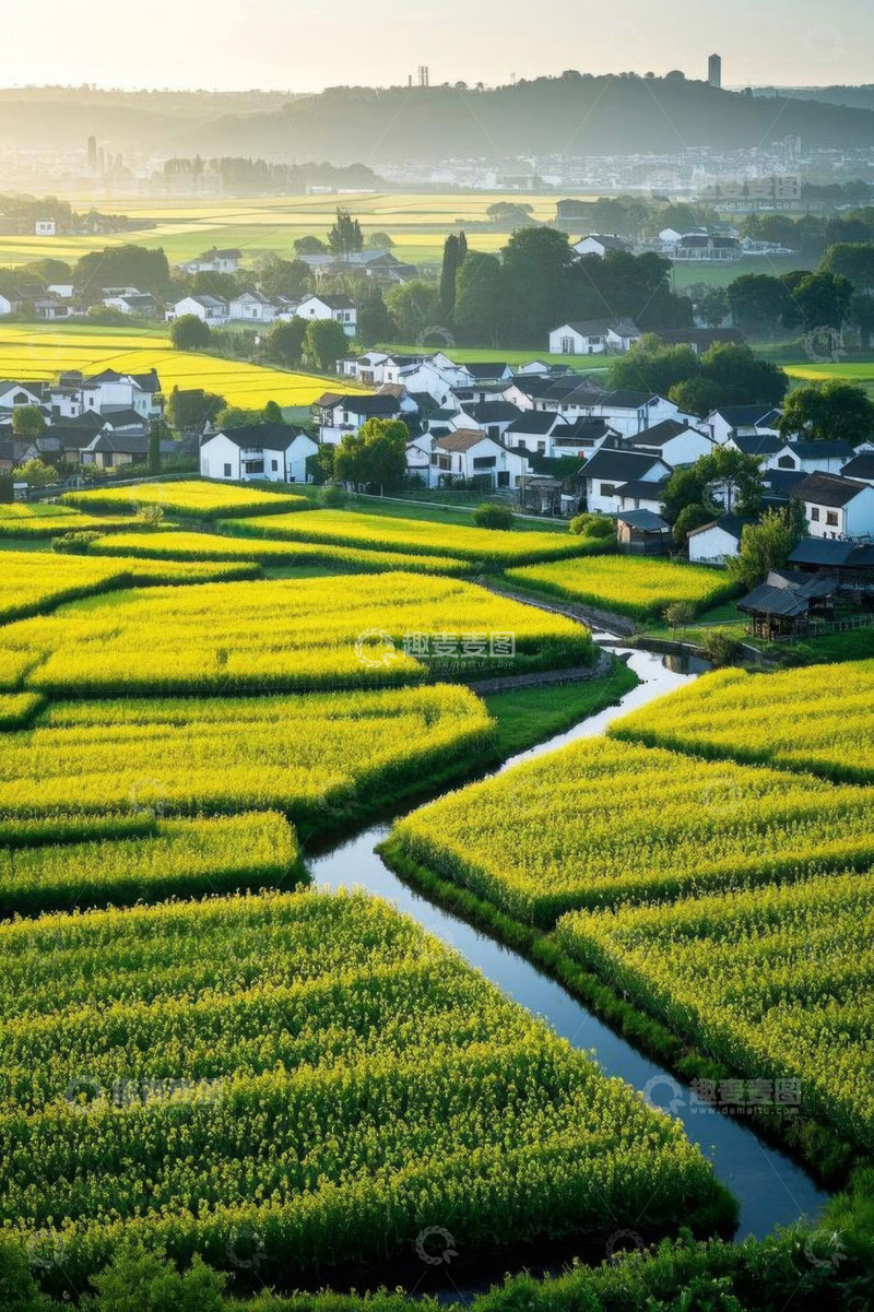 高清大图下载【趣麦麦图】乡村田野油菜花田俯瞰景象
