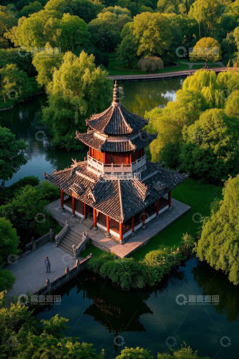 高清大图下载【趣麦麦图】中式古亭与周边自然风光鸟瞰