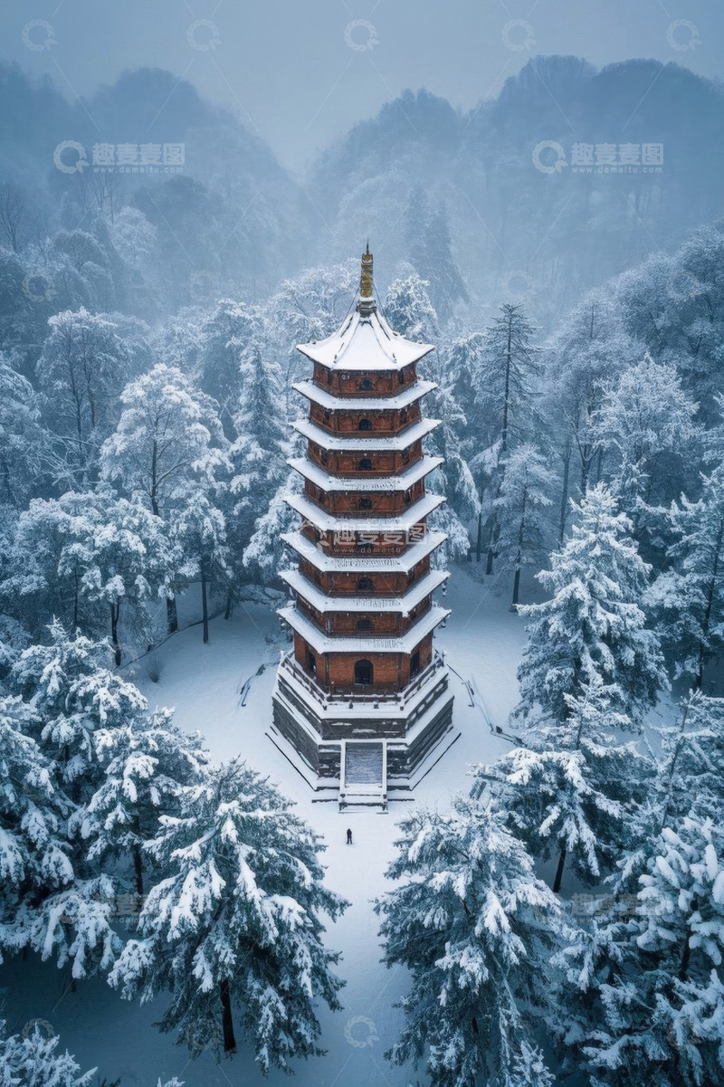 高清大图下载【趣麦麦图】雪后古塔与山林全景