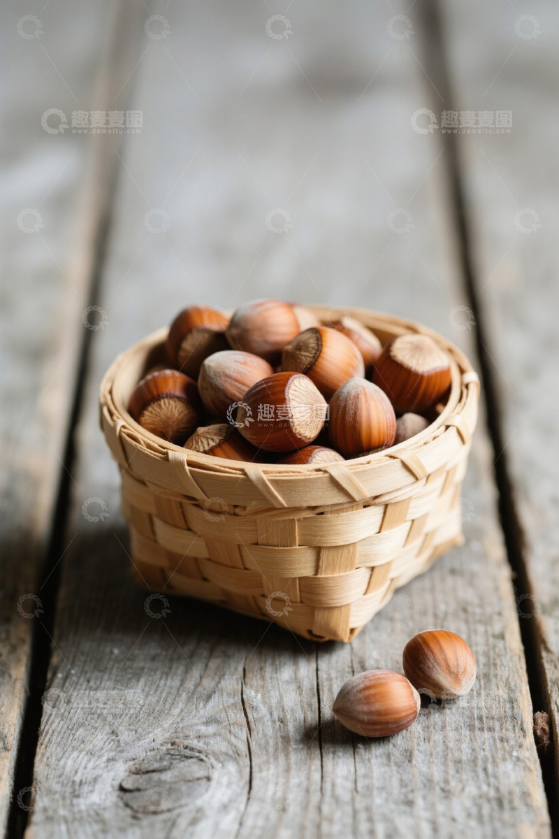 高清大图下载【趣麦麦图】木桌上竹篮装的榛子坚果