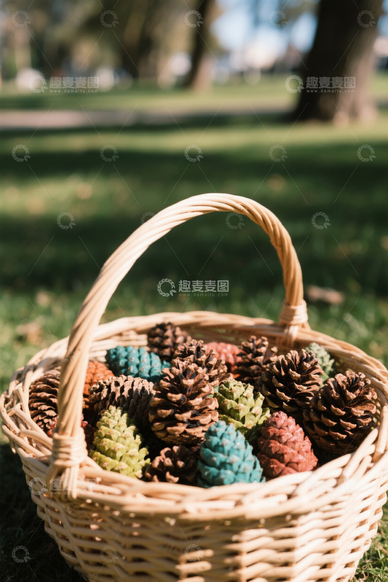 高清大图下载【趣麦麦图】草地上篮子里的彩色松果
