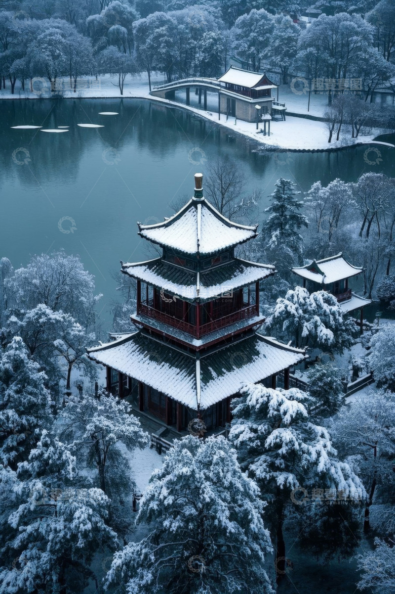 高清大图下载【趣麦麦图】雪后西湖古建筑景观