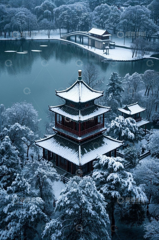 雪后西湖古建筑景观