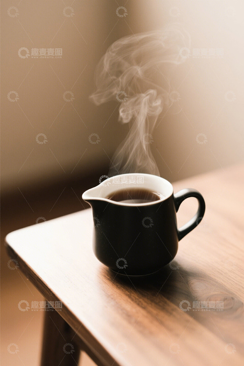 木桌上热气腾腾的黑色咖啡杯